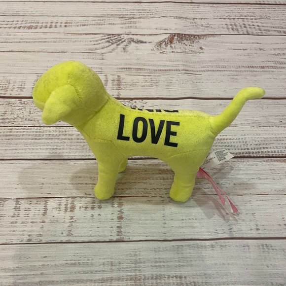 Victoria's Secret PINK Neon Yellow Velvet Love Graphic Stuffed Mini Dog - Picture 4 of 5